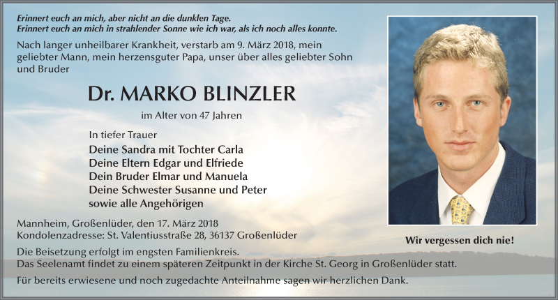  Traueranzeige für Marko Blinzler vom 17.03.2018 aus 