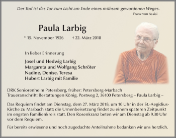 Traueranzeige von Paula Larbig 