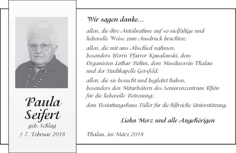  Traueranzeige für Paula Seifert vom 02.03.2018 aus 
