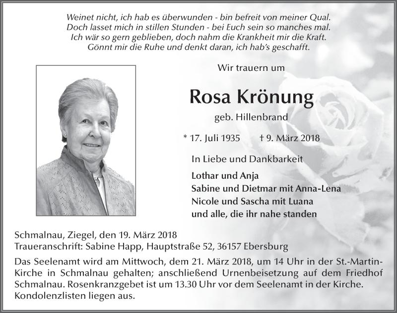  Traueranzeige für Rosa Krönung vom 19.03.2018 aus 