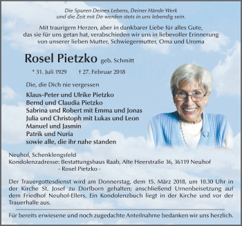 Traueranzeige von Rosel Pietzko 