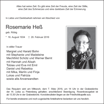 Traueranzeige von Rosemarie Heß 