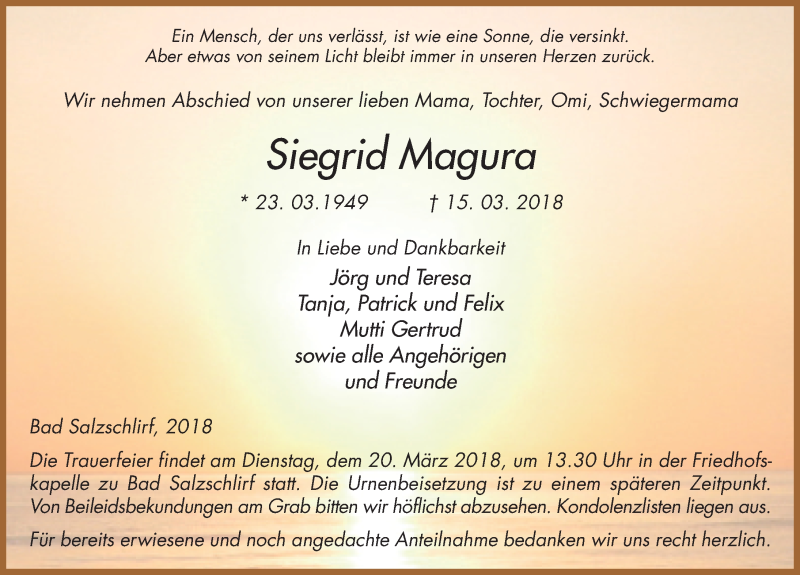  Traueranzeige für Siegrid Magura vom 17.03.2018 aus 