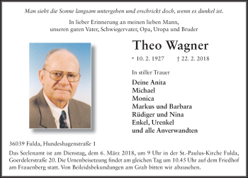 Traueranzeige von Theo Wagner 