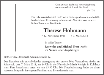Traueranzeige von Therese Hohmann 