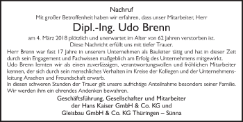 Traueranzeige von Udo Brenn 