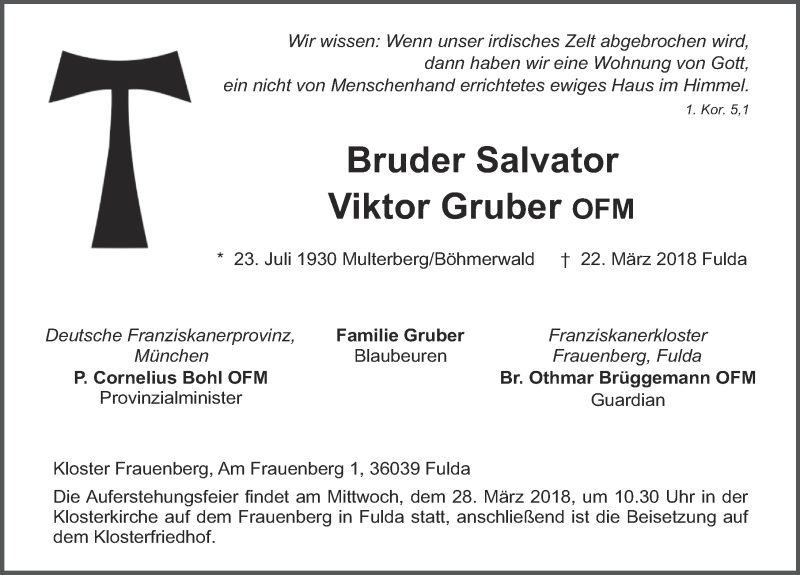  Traueranzeige für Viktor Gruber vom 26.03.2018 aus 