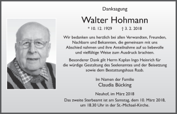 Traueranzeige von Walter Hohmann 