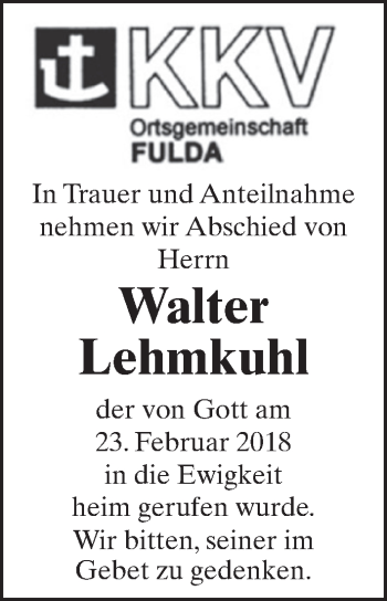 Traueranzeige von Walter Lehmkuhl 
