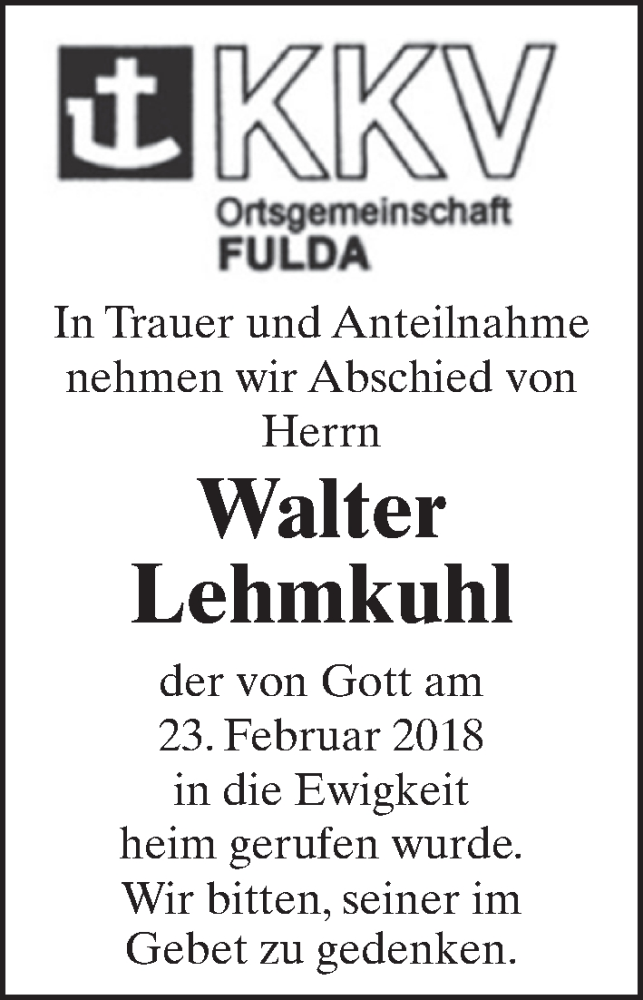  Traueranzeige für Walter Lehmkuhl vom 03.03.2018 aus 