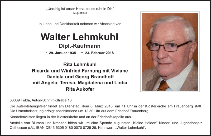  Traueranzeige für Walter Lehmkuhl vom 02.03.2018 aus 