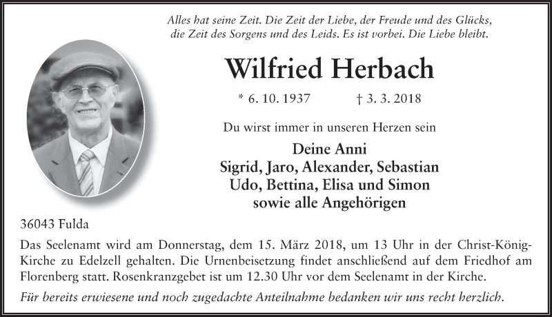  Traueranzeige für Wilfried Herbach vom 09.03.2018 aus 