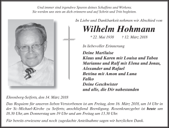 Traueranzeige von Wilhelm Hohmann 