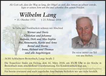 Traueranzeige von Wilhelm Lang 