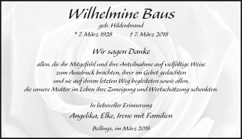 Traueranzeige von Wilhelmine Baus 