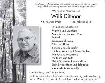 Traueranzeige von Willi Dittmar 
