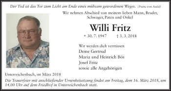 Traueranzeige von Willi Fritz 