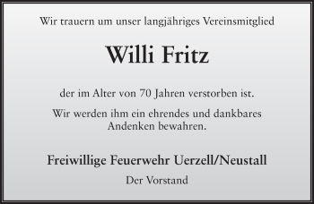 Traueranzeige von Willi Fritz 