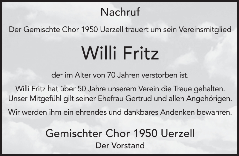  Traueranzeige für Willi Fritz vom 10.03.2018 aus 