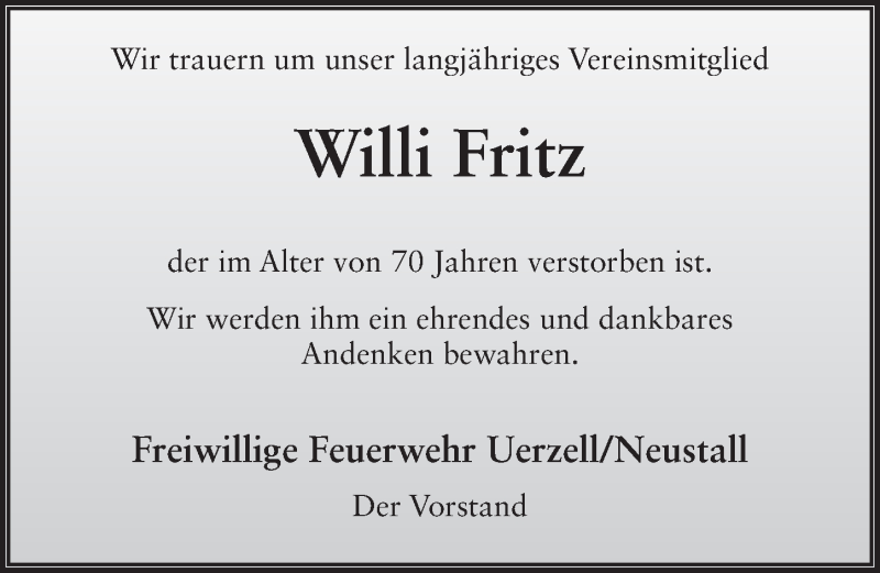 Traueranzeige für Willi Fritz vom 10.03.2018 aus 