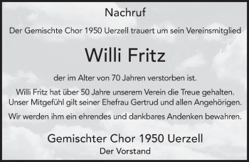 Traueranzeige von Willi Fritz 