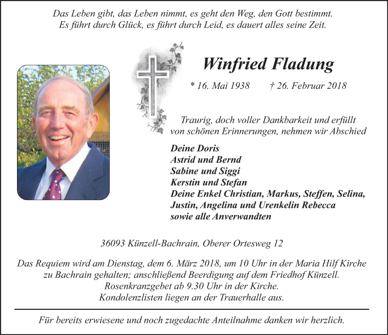  Traueranzeige für Winfried Fladung vom 03.03.2018 aus 