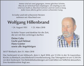 Traueranzeige von Wolfgang Hillenbrand 