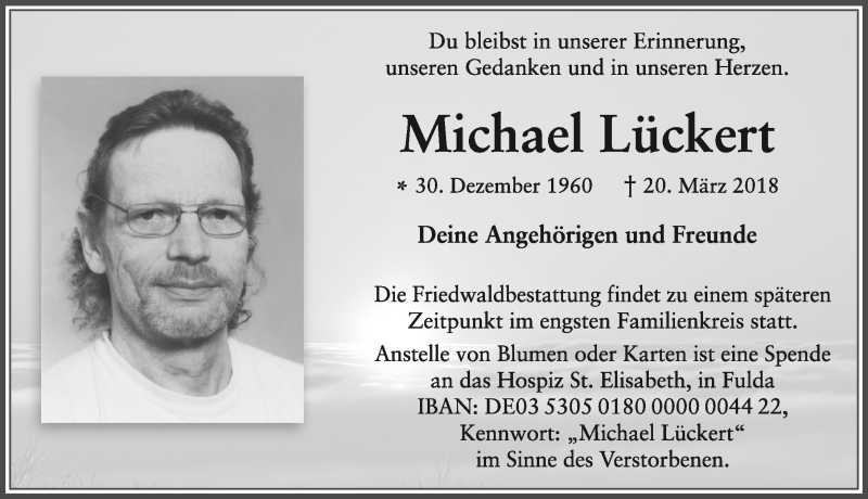  Traueranzeige für Michael Lückert vom 22.03.2018 aus 