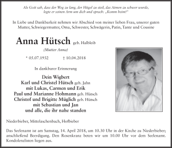 Traueranzeige von Anna Hütsch 