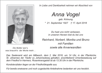Traueranzeige von Anna Vogel 