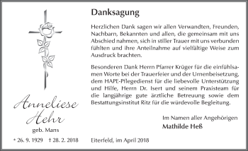 Traueranzeige von Anneliese Hehr 