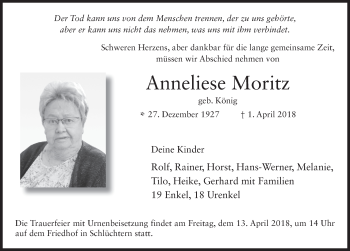Traueranzeige von Anneliese Moritz 