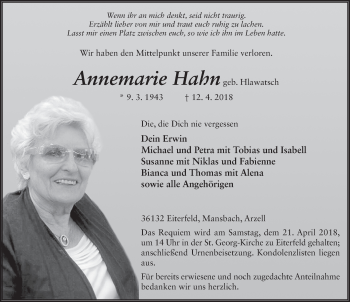 Traueranzeige von Annemarie Hahn 
