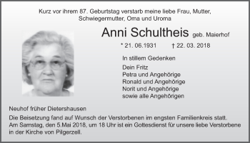 Traueranzeige von Anni Schultheis 