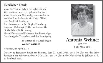 Traueranzeige von Antonia Wehner 