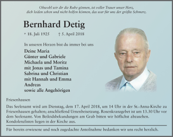 Traueranzeige von Bernhard Detig 