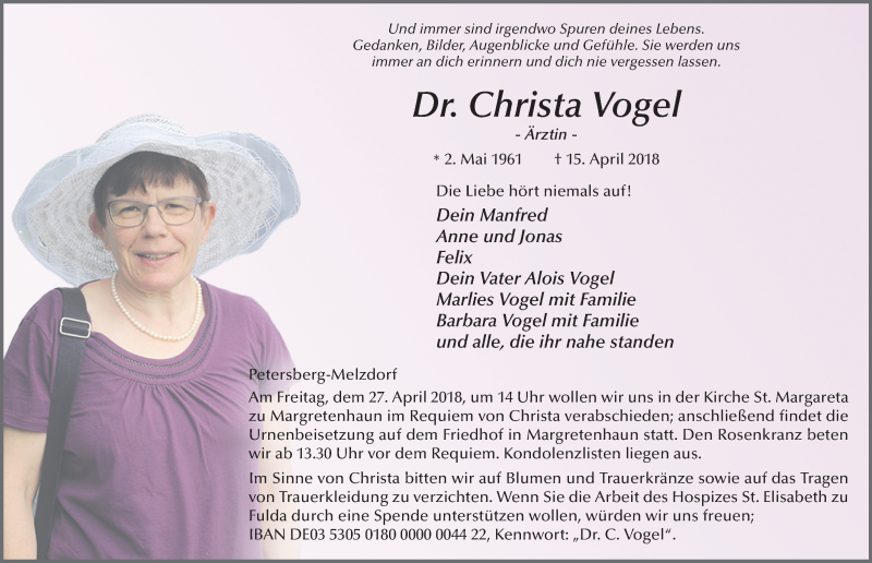  Traueranzeige für Christa Vogel vom 21.04.2018 aus 