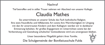 Traueranzeige von Claudia Mathes 