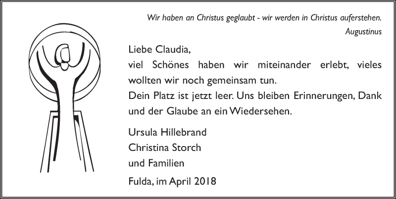  Traueranzeige für Claudia Mathes vom 04.04.2018 aus 
