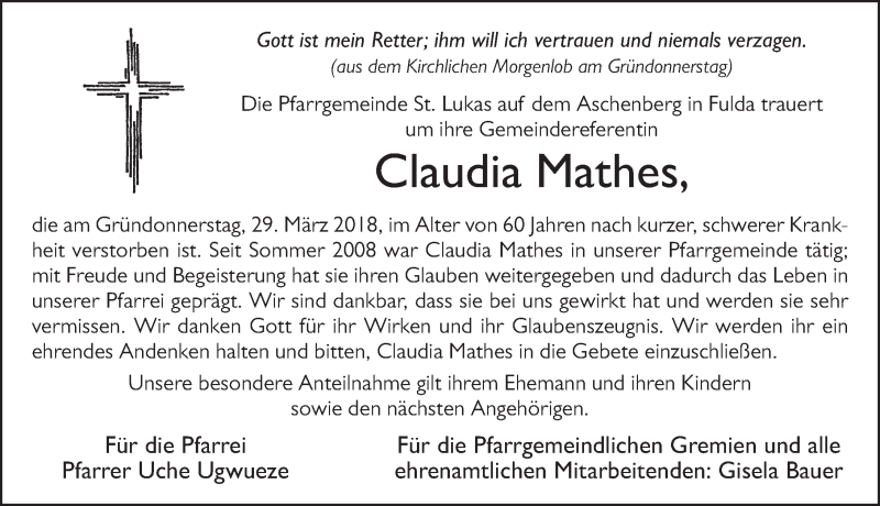  Traueranzeige für Claudia Mathes vom 03.04.2018 aus 