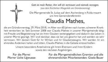 Traueranzeige von Claudia Mathes 