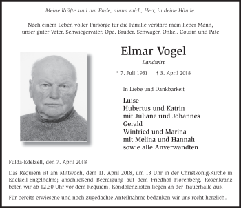 Traueranzeige von Elmar Vogel 