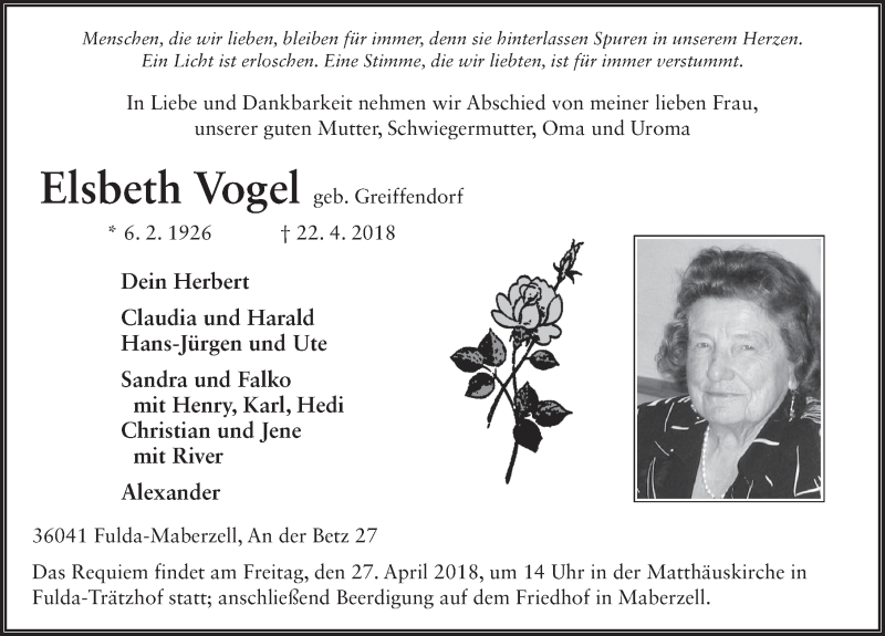  Traueranzeige für Elsbeth Vogel vom 25.04.2018 aus 