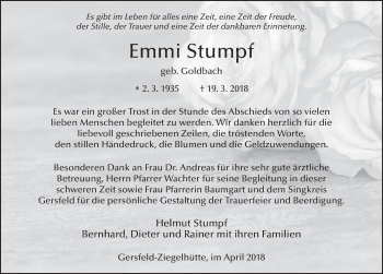 Traueranzeige von Emmi Stumpf 