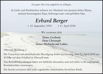 Traueranzeige von Erhard Berger 