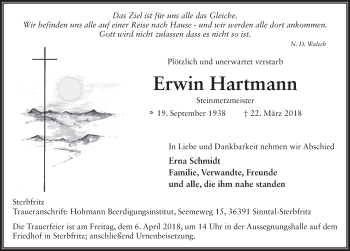 Traueranzeige von Erwin Hartmann 