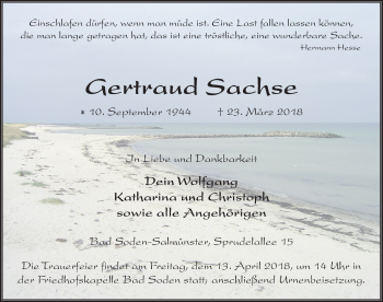Traueranzeige von Gertraud Sachse 