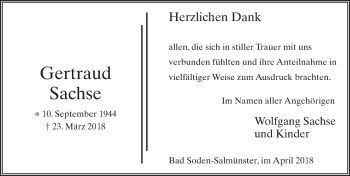 Traueranzeige von Gertraud Sachse 