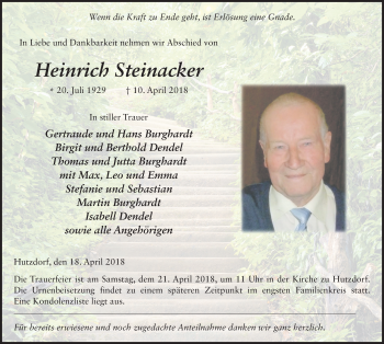 Traueranzeige von Heinrich Steinacker 