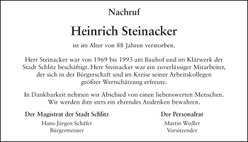 Traueranzeige von Heinrich Steinacker 